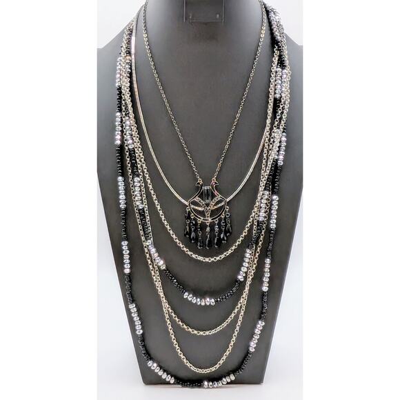 Lot of 3 Black & Metallic Beaded Silver Tone & Black Metal Layered Necklaces - Picture 1 of 9
